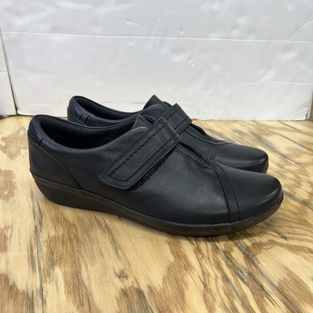 Clarks Black Leather Everlay Dixie Monk Strap Slip on Comfort Shoe Women US 9.5M